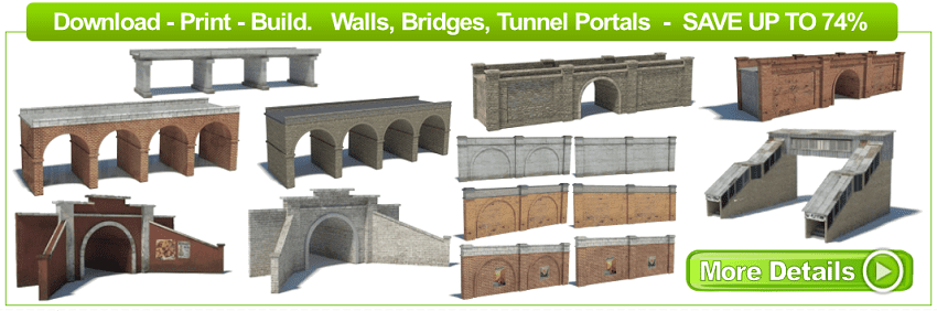 scale model buildings, bridges, walls, tunnel portals