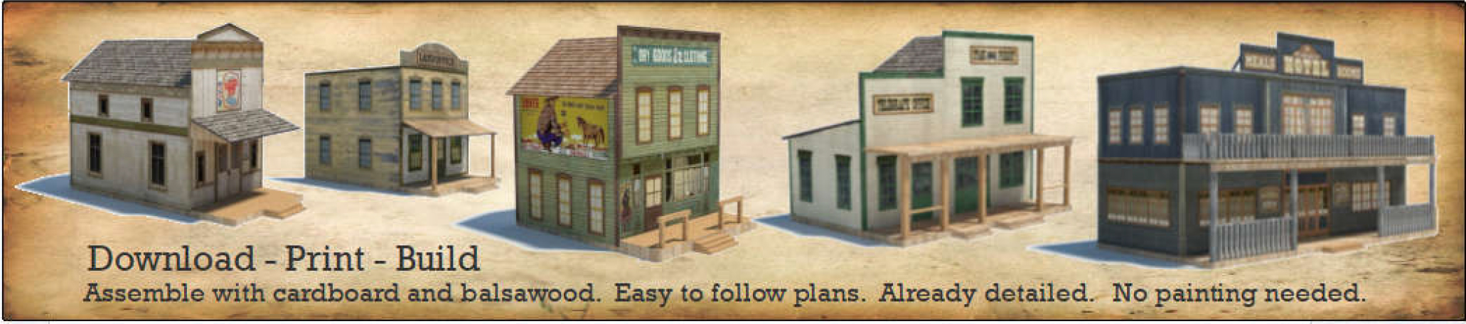 construct 5 old west town scale paper model buildings